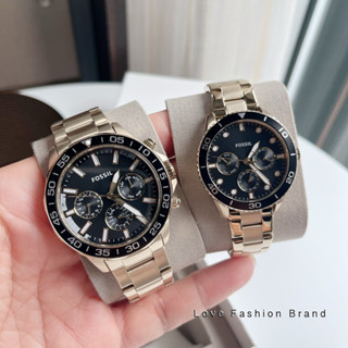 👑ผ่อน0%แท้100%👑 สีทอง หน้าปัดดำ นาฬิกาคู่รัก Fossil BQ2643 His and Her Day Date Stainless Gold Couple Watch