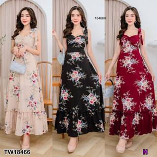 MM18466 แม็กซี่เดรสยาว สายผูกไหล่ สายผูกเอว ลายดอกไม้ Long maxi dress, shoulder straps, waist strap, floral print