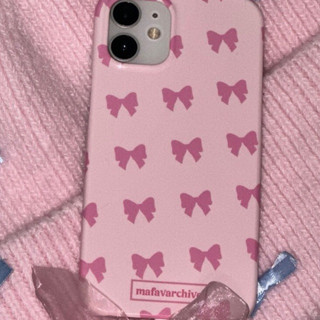 (preจากเกาหลี) mafavarchive - pastel pink ribbon glossy hard case เคสมือถือ แบบแข็ง เปิดหัวท้าย