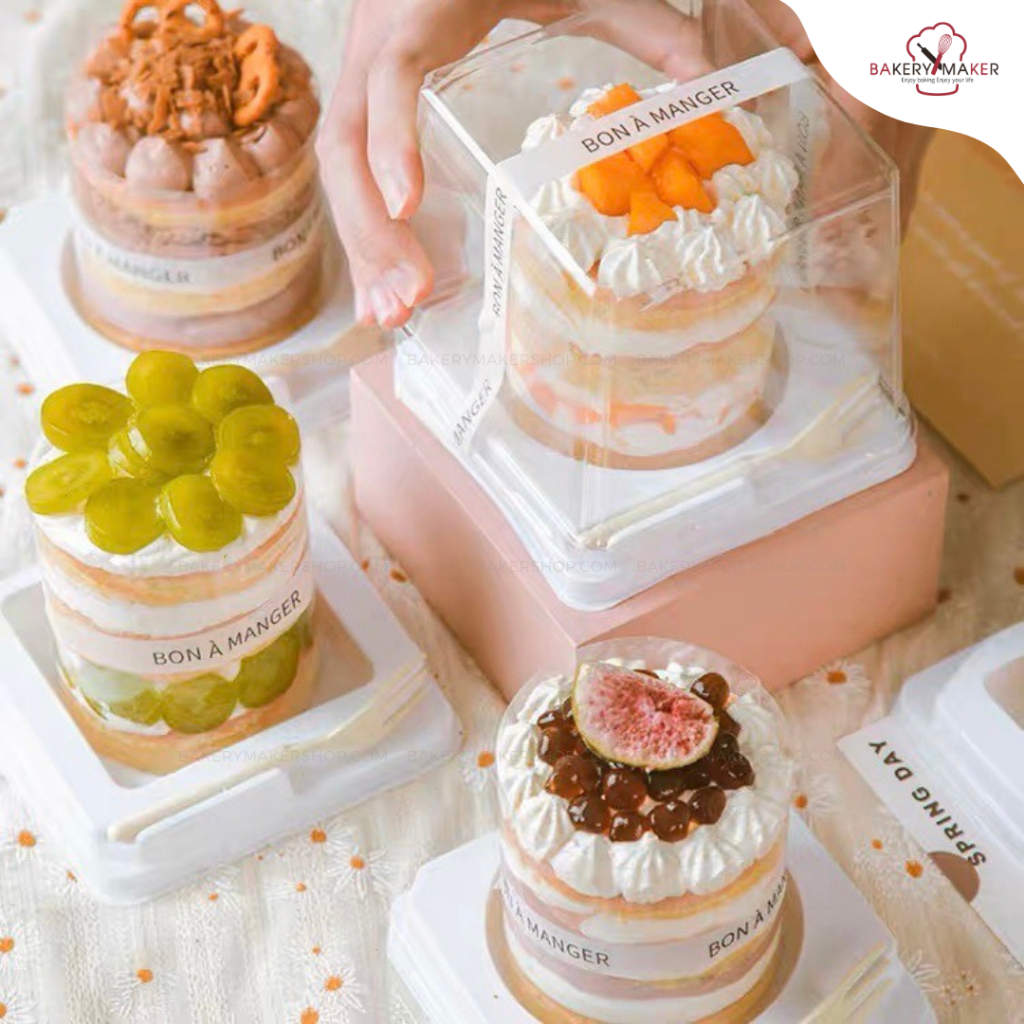 กล่องเค้กชิ้น พร้อมส้อม 10 ใบ หลุมกลม หลุมเหลี่ยม กล่องมินิเค้ก มูสเค้ก minicake box กล่องพลาสติก ฐานขาว