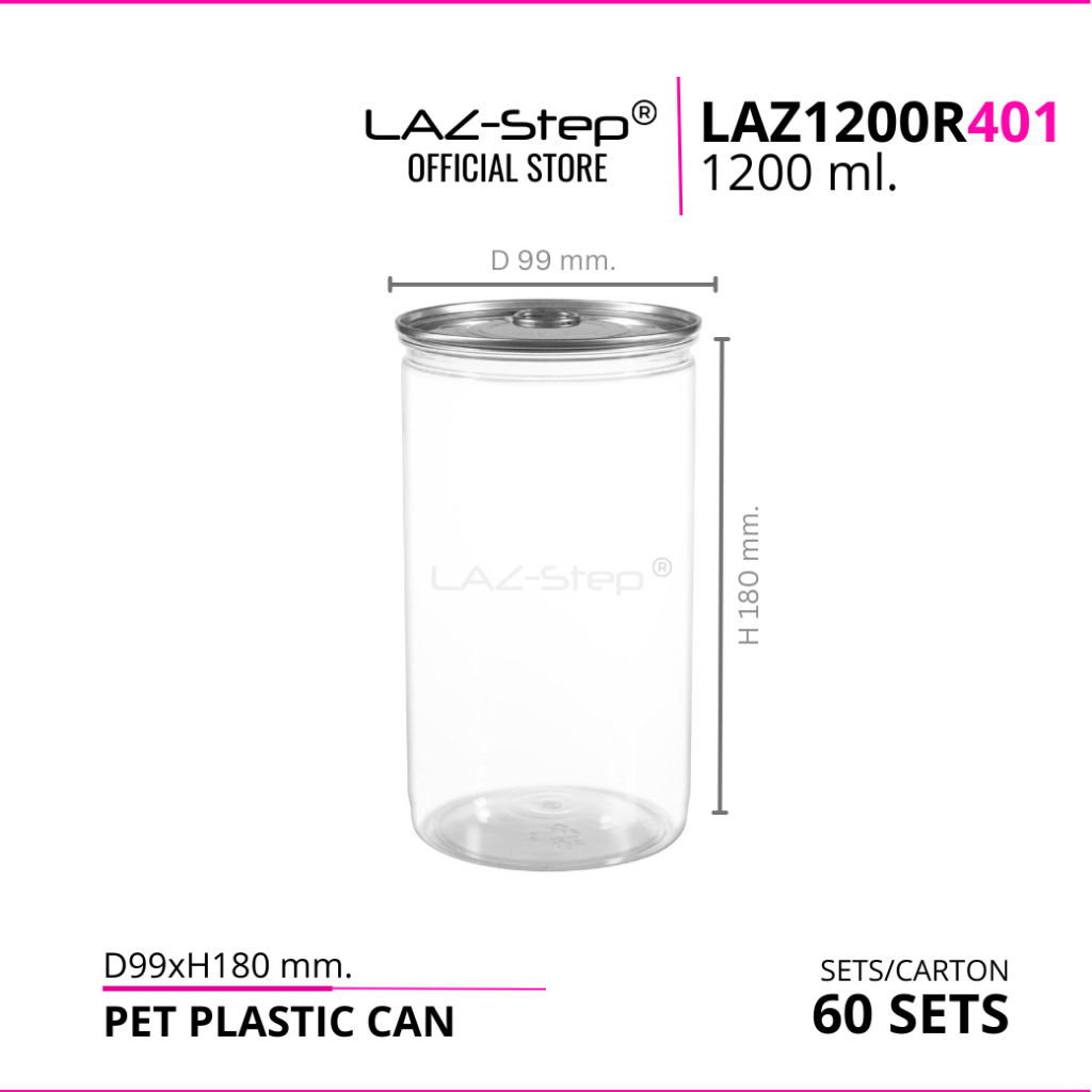 LAZ-Step กระป๋องพลาสติกฝาดึง PET LAZ1200R401 ขนาด 1200 ml. บรรจุลังละ 60 ชุด