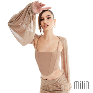 [MILIN] Tender Shawl Arm Ruched puff Balloon shape sleeves Jacket เสื้อครอปแขนยาวรูดปลายแขนทรงบอลลูน