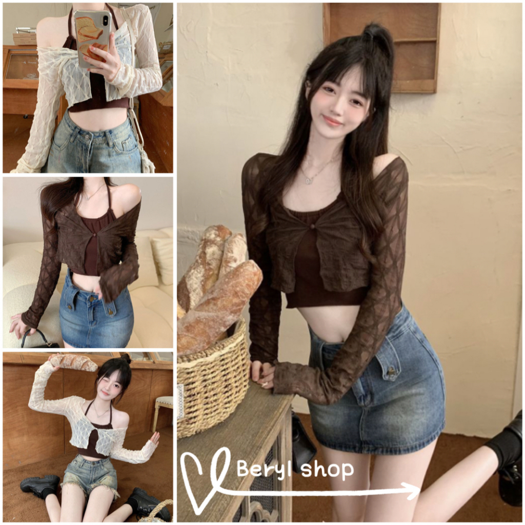 Beryl เสื้อแจ็คเก็ต+เสื้อกั๊ก ดีไซน์คอคล้องคอยกทรงขนาดเล็ก + เสื้อแขนยาวกันแดดเสื้อโค้ทขนาดเล็กชุดสองชิ้น