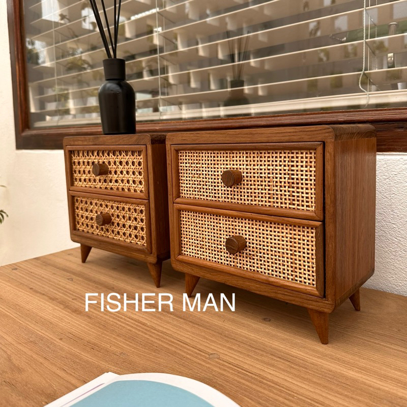 ตู้ไม้สักมินิมอล แบบหวายสานสองลิ้นชัก ประดับตกแต่งบ้าน (Thai Cabinet old teakwood)