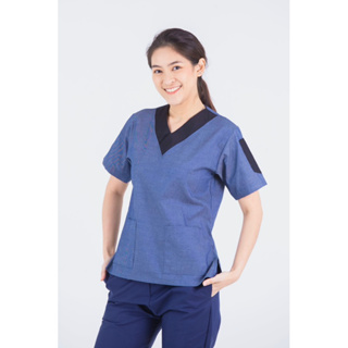 scrubvet: เสื้อสครับลายยีนส์ตัดขอบดำ