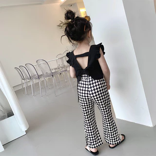 Babyonline(Y014)F2-3 (ส่งด่วน1วัน)ชุดเซ็ต2ชิ้นเสื้อแขนกุดแบบผูกโบว์โชว์หลังพร้อมกางเกงขายาวลายสก็อต ผ้าฝ้าย