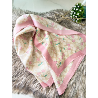 (ผ่อน0%) ผ้าพันคอ Coach Signature Heart Cherry Print Silk Square Scarf 100% silk 35" x 35" CE478 ผ้าไหม สีชมพู ลายเชอรี่