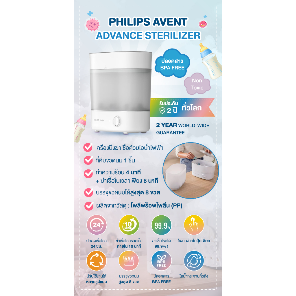 Philips Avent ฟิลิปส์ เอเว้นท์ Advance Electric Stream Sterilizer & Store เครื่องนึ่งฆ่าเชื้อขวดนม รุ่นแอดวานซ์ รูปที่ 4