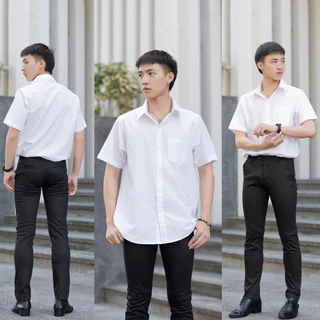 เสื้อนักศึกษาแขนสั้นผู้ชาย ขาวนวล-ขาวสว่าง [ผ้าไมโคร/ผ้าคอมทวิว/ผ้าดิบ] เสื้อนักศึกษาชาย มีถึงอก36-56