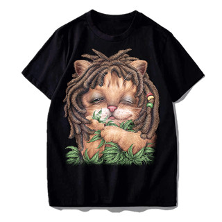 Blaxroxx เสื้อการ์ตูน เสื้อผ้าแฟชั่น เสื้อผ้า เสื้อยืด คอกลม แขนสั้น สีดำ ลายแมว มึนกัญชา