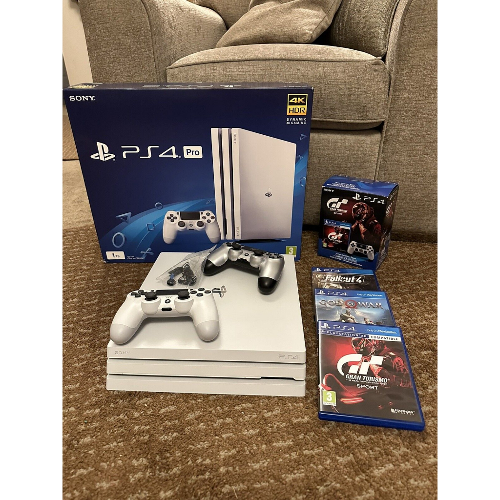 Sony PlayStation 4 Pro White 1TB Console - White - Plus 2x Controllers + Games