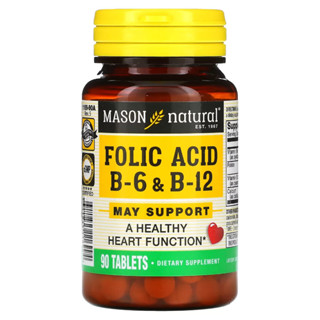 Folic Acid Vitamin B6 &amp; B12 โฟลิก วิตามินบี6  และวิตามินบี12, 90 Tablets,  Mason Natural