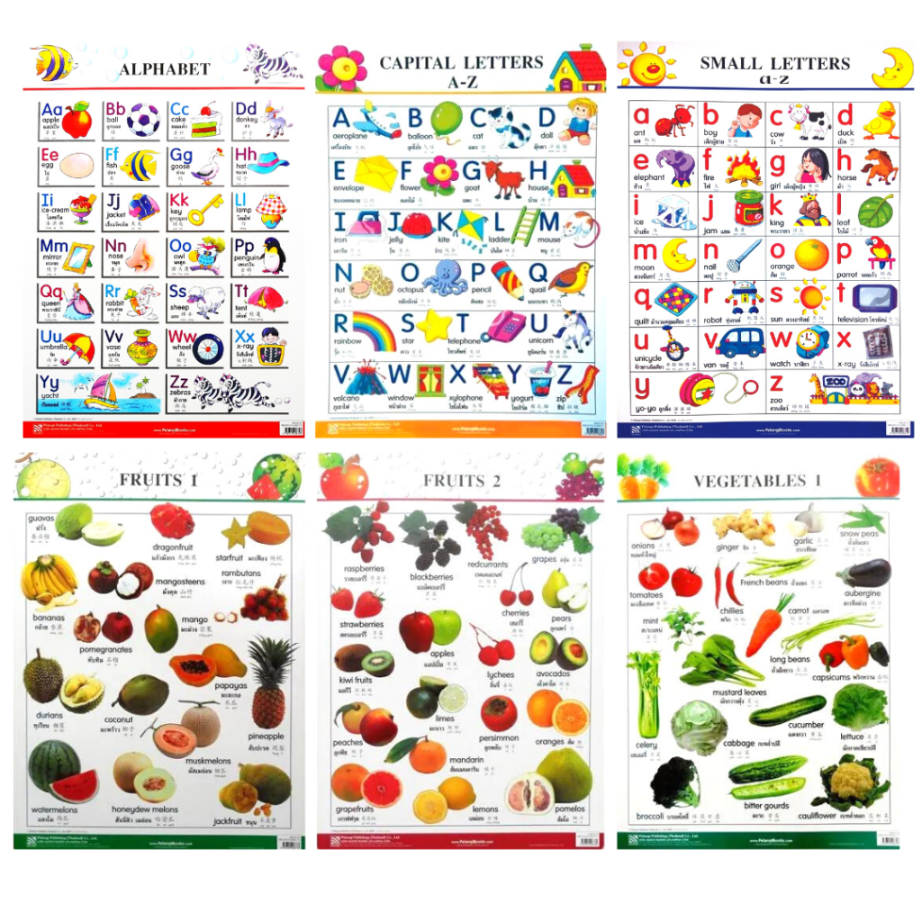 โปสเตอร์ Look and Learn Charts โปสเตอร์ abc 1-10 รูปทรง สี ผัก ผลไม้ พร้อมคำศัพท์ภาษาอังกฤษ ไทย จีน 