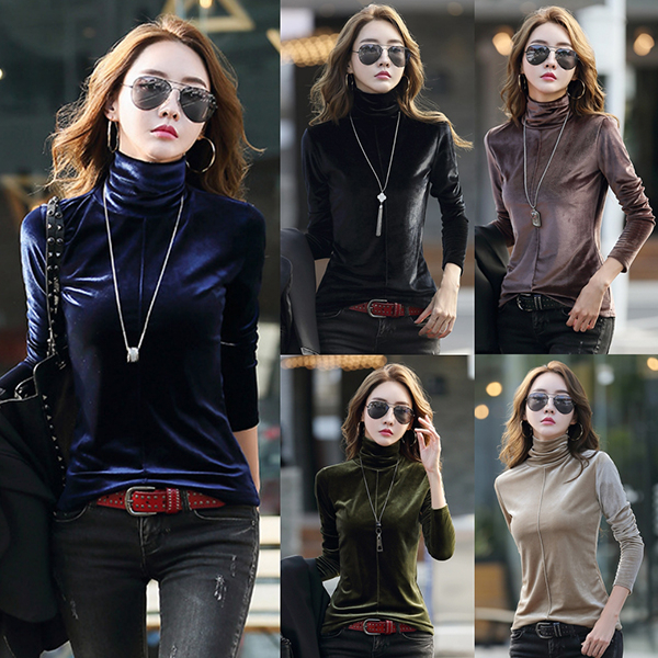 พร้อมส่ง เสื้อคอเต่า เสื้อสเวตเตอร์คอเต่า ผ้ากำมะหยี่นิ่ม-12415