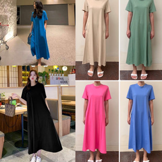 Cotton dress ชุดเดรสคอตตอนยาว เดรสคอกลม มีกระเป๋าข้าง ผ้านิ่ม ใส่สบาย