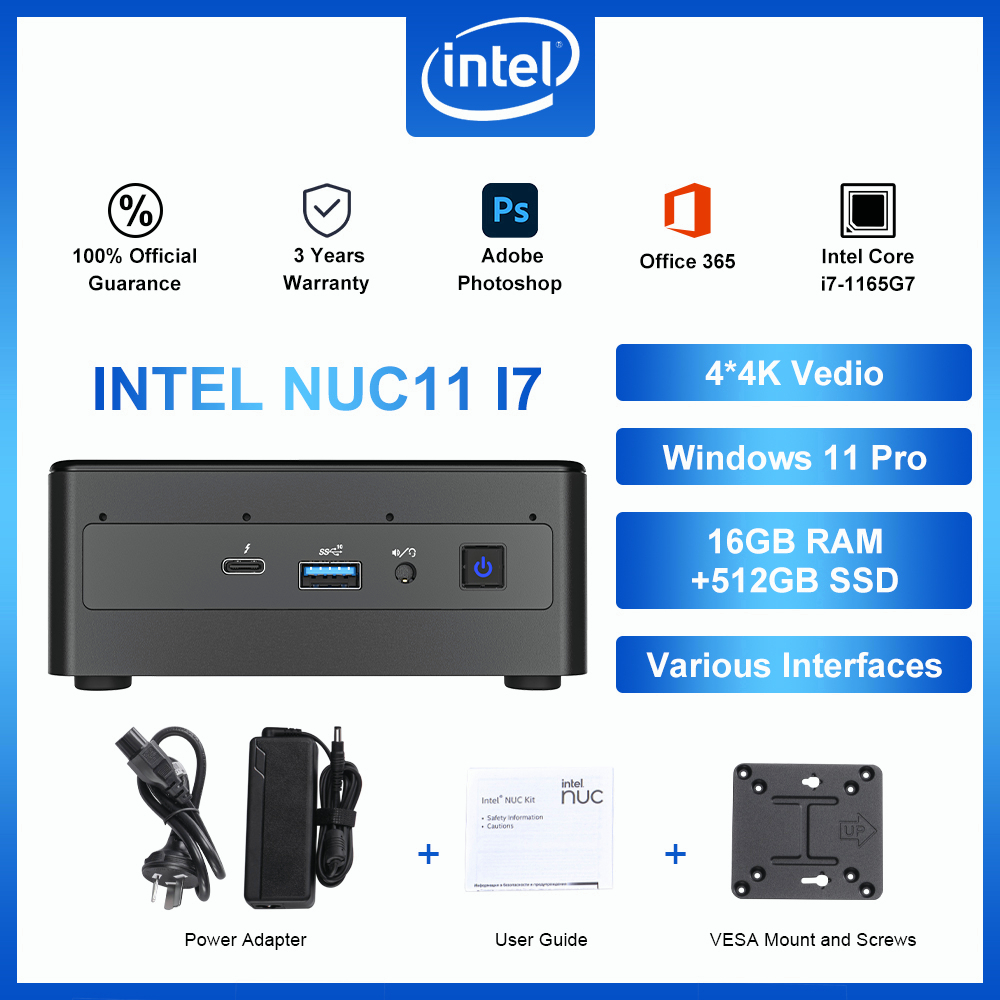 Intel NUC 11 Pro NUC11PAHi7 แรมคอมพิวเตอร์ตั้งโต๊ะ ขนาดเล็ก 4 แกน 8 เธรด 12MB Cache Win 10 Pro i7-1165G7 16GB DDR4 512GB PCIe SSD 2.8-4.7 GHz Turbo