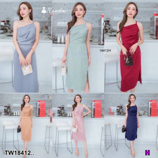 18412 เดรสสายเดี่ยวอกจีบ สีพื้น Single strap dress, pleated chest, solid color