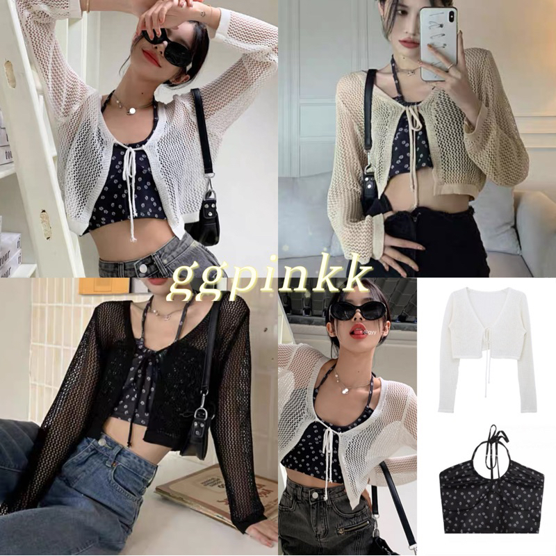 พร้อมส่ง เซตเสื้อสายเดี่ยวครอปคล้องคอเดซี่+เสื้อคลุมตาข่ายต้อนรับซัมเมอร์เช็กซี่เบาๆ