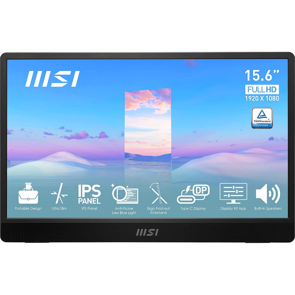 MSI PRO MP161 15.6" Portable Monitor, Adjustable kickstand, FHD (1920 x 1080), 60Hz, IPS, 2x USB-C, Mini HDMI, Speakers, Anti-Flicker, Less Blue light, Black