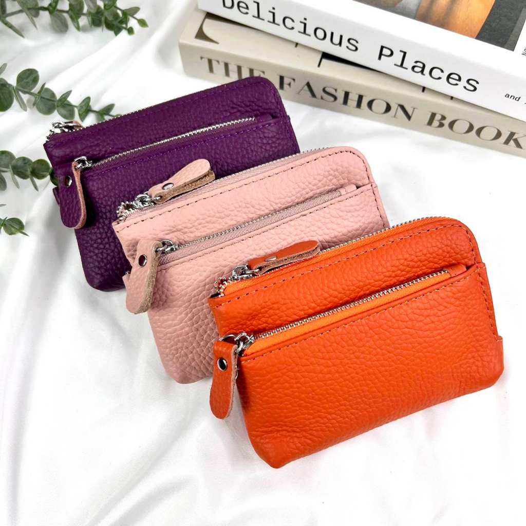 กระเป๋าสตางค์หนังวัวแท้!! มี 3 ซิบ ขนาด 5.5 นิ้ว ช่องเยอะ สายถอดออกได้ # หนังแท้ปากกว้าง
