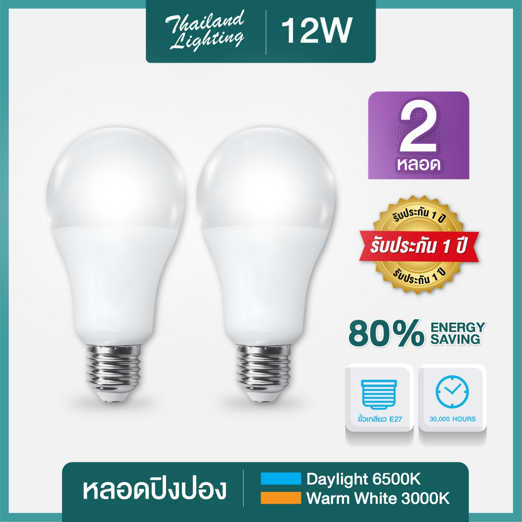 แพ็ค 2 หลอด หลอด LED 12W Bulb E27  แสงสีขาว Daylight 6500K แสงสีวอร์มไวท์ Warm White 6500K Thailand Lighitng