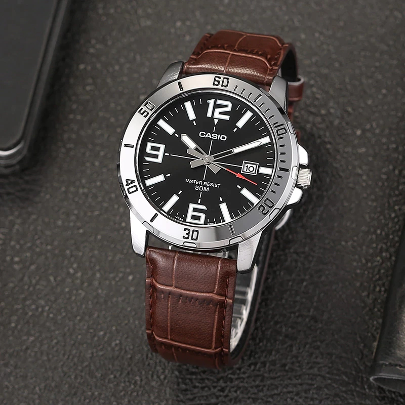 นาฬิกาCasio แท้ รุ่น MTP-VD01L-1B  นาฬิกาข้อมือผู้ชายสายหนังสีน้ำตาล หน้าปัดดำ- ของแท้ 100% รับประกันสินค้า 1 ปี