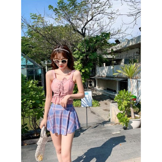 บิกินี่ สไตล์เกาหลี สีชมพูกะปิ กระโปรงกางเกงสก็อต สีสันสดใส โชว์เอวเอส ระบายน่ารัก