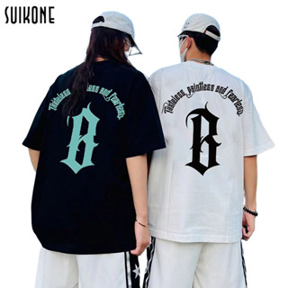 Suikone เสื้อยืดผู้ชาย คู่แขนสั้น แขนสั้นคอกลม สไตล์เกาหลีสบายๆ ลายเท่ห์ๆสายแบดบอย