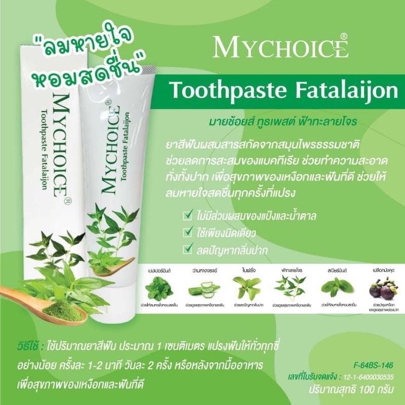 ยาสีฟัน มายช้อยส์ Mychoice สูตรฟ้าทะลายโจร ยาสีฟันสูตรสมุนไพร ปริมาณ 100 กรัม