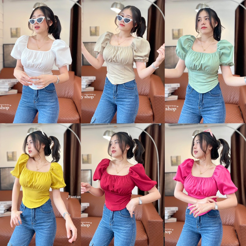 🔆Sunny🔆เสื้อคอเหลี่ยมแขนดอลลี่💞สม็อคหลัง ครอปคอเหลี่ยมแขนตุ๊กตา 7สี