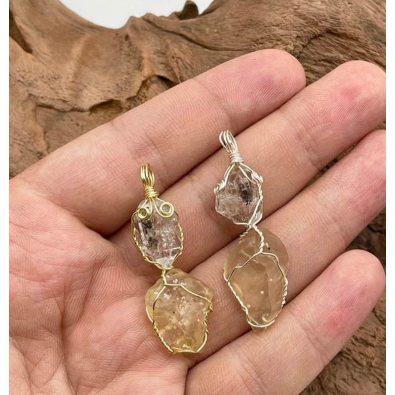 100% Natural Raw Herkimer Quartz With Libyan Desert Tektite Pendant available in Gold And Silver Color Wire Wrap