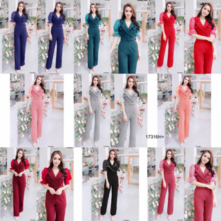 TW17316 Jumpsuit จั้มสูท ขายาว คอปก แต่งริบบิ้นหยัก