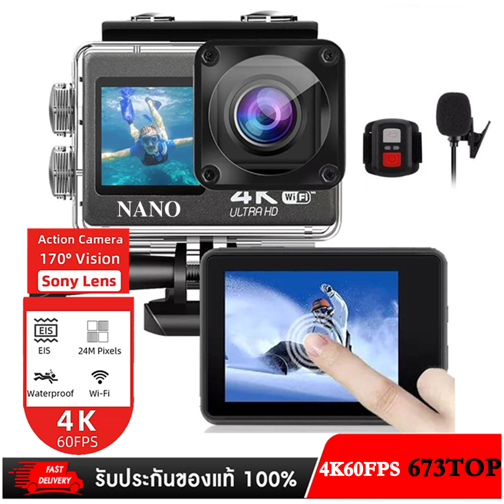 NEW 2023 Nanotech Actionกล้อง 4K 60FPS EIS ACTION CAMERA มีระบบกันสั่น ต่อไมค์นอกได้ พร้อมรีโมท อุปกรณ์ครบชุด พร้อมส่ง
