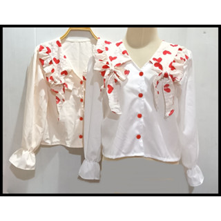 เสื้อแฟชั่นคอปกแหลมลายหัวใจผูกโบว์ แขนยาว