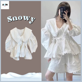 พร้อมส่ง⛄️Snowy เสื้อแขนยาว เสื้อผ้าสไตล์เกาหลี เสื้อคอปก เสื้อสีขาว