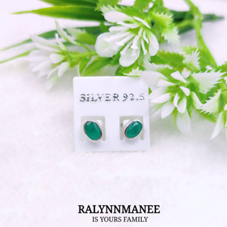 E6411 ต่างหูพลอยโมราแท้ ( Chrysoprase ) แบบก้านเสียบ ตัวเรือนเงินแท้ ชุบทองคำขาว มีตอก 925 ที่แป้นหลัง