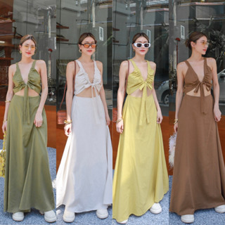 Nudeaholic 💚💙 5575  Linen summer dress ชุดเดรสลินินรูดเชือกด้านหน้า เนื้อผ้าลินินหนา มีซิปข้างหลัง