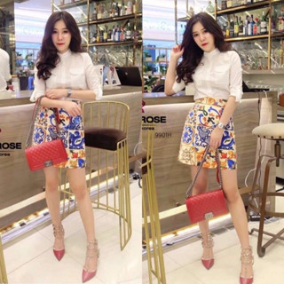 MM9901 Set เสื้อเชิ้ตคอจีน + กระโปรงพิมลาย	Set: mandarin collar shirt + printed skirt