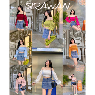 ✨🌹SirawanShop 👗ครอปผู้หญิง ครอปเปิดไหล่ ครอปแขนยาว ผ้าสม็อก สีสดใส น่ารักเซ็กซี่ แฟชั่นเสื้อผ้าผู้หญิง แฟชั่นเกาหลี