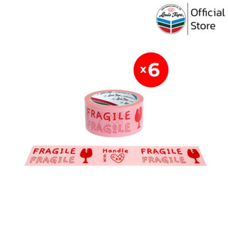 LOUIS TAPE เทปพิมพ์ "FRAGILE/Handle With Care" 2 นิ้ว x 45 หลา พื้นชมพู พิมพ์แดง (6 ม้วน/แพ็ค)