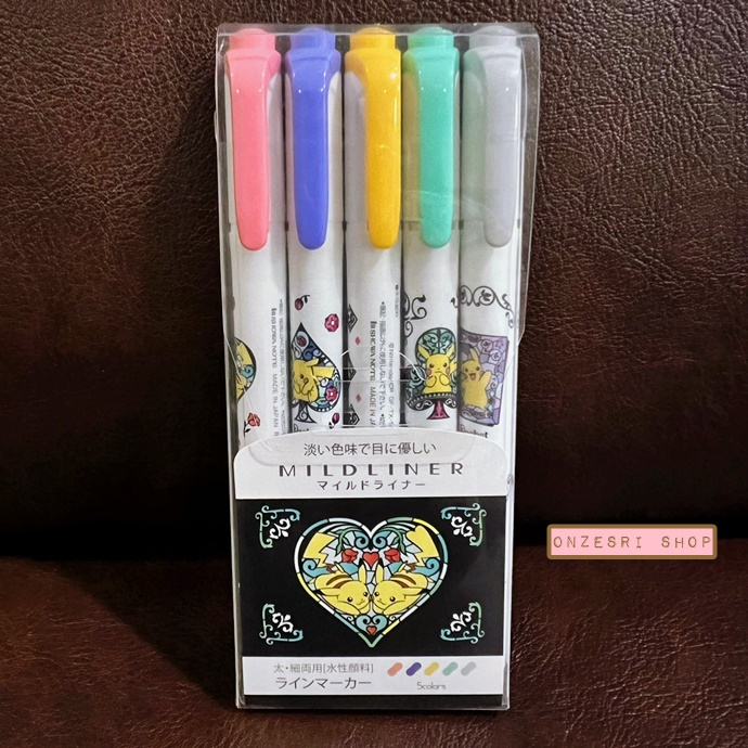 ปากกาไฮไลต์ Zebra Mildliner 5 Colors Set ลาย Pikachu หัวใจสีดำ มี 5 สีในเซ็ต ตรงด้ามเป็นลายน่ารัก