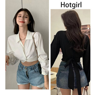 Hotgirl  พร้อมส่งจากกทม ✨เสื้อครอป  เสื้อเชิ้ตหญิง เสื้อเชิ้ตแฟชั่นสไตล์เกาหลีผูกโบว์ที่ด้านหลัง