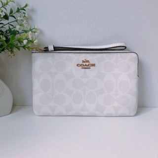 🎀คล้องมือ 1L ลายซีสีขาว  COACH 6648 F58695 LARGE WRISTLET IN SIGNATURE CANVAS LIGHT KHAKI/CHALK