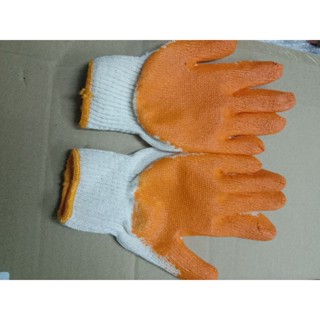 ถุงมือผ้าเคลือบยาง เกรดดี สีขาวส้ม 12คู่