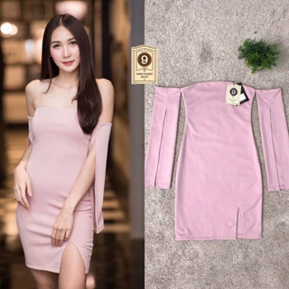 พร้อมส่ง Size S เดรสเกาะอก มีแขนทรงปาดไหล่ สีชมพูนู้ดเรียบๆ