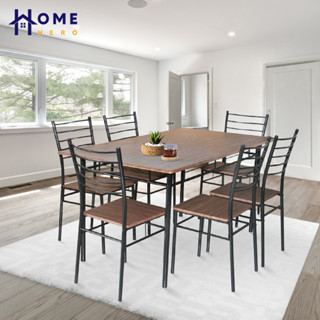 HomeHero ชุดโต๊ะกินข้าว พร้อมเก้าอี้ 6 ที่นั่ง ขาเหล็ก โต๊ะกินข้าว Dining Table with Chairs