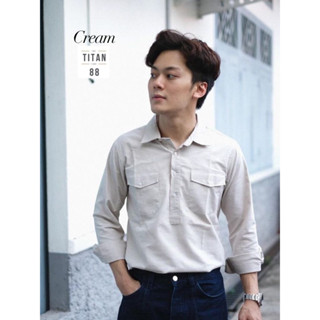 เสื้อเชิ้ตผู้ชายสีครีม ผ้าOxford คอปกกระเป๋าคู่ แขนยาว ใส่สบาย ระบายความร้อนได้ดี