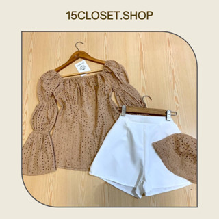 ชุดเซตเสื้อแขนญาญ่า+กางเกงขาสั้น+หมวก งานฉลุลาย