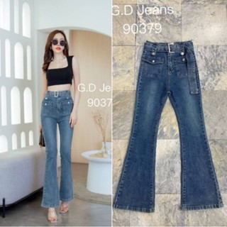 G.D.Jeans รุ่น  90379#กางเกงยีนส์ขายาวผ้ายืดเอวสูงทรงขาม้าฟอกสียีนส์ออกสนิมแต่งกระเป๋าหน้าพร้วมเข็มขัด