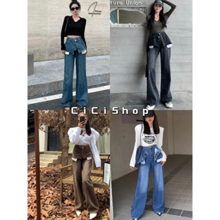 Cicishop(k828)Jeansกางเกงยีนส์ ดีเทลกระเป๋าตัดต่อ กระดุมหน้าเก๋ๆทรงกระบอกสไตล์วินเทจสุดๆ